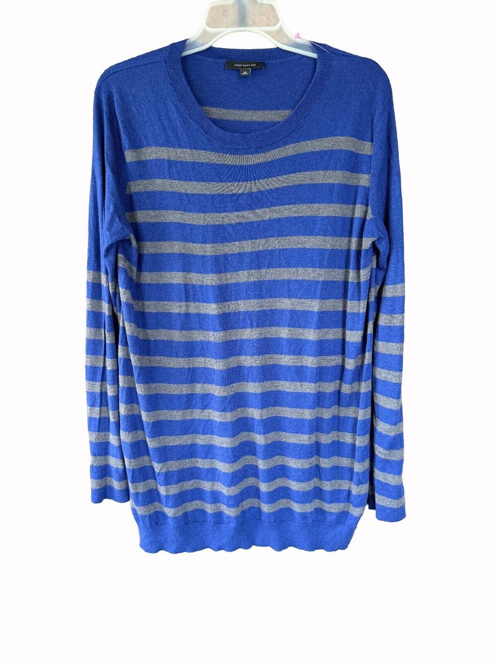 Ann Taylor Blue Gray Striped Side Zip Tunic Sweater Wool Blend Breton Medium